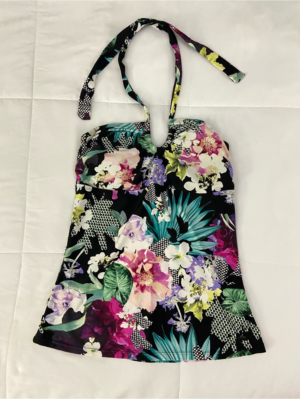 Hapari Black Floral Halter Tankini Top with Teal, Pink, Purple